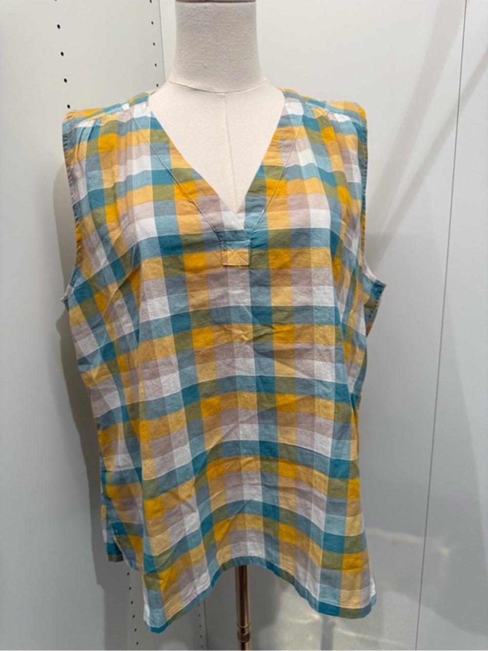 Eddie Bauer Yellow, Teal & White Plaid Sleeveless Dress